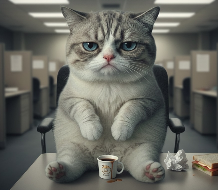 Grumpy cat suffering through a meeting